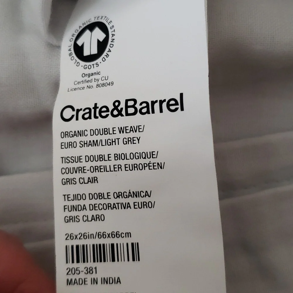 Crate&Barrel NWOT Organic Double Weave Gray Euro Sham
